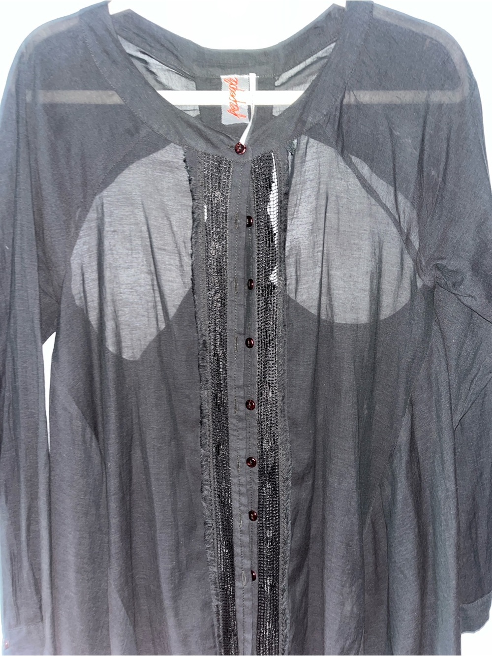 Free People Sheer Gray Button-Front Cardigan with Beaded Trim and Open Back